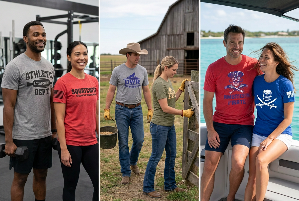 Revised collage with the gray Ranch Hand shirt on the man and olive Original Logo shirt on the woman